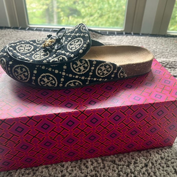 Tory Burch Shoes - Tory Burch Pink and Black Monogram Mules